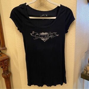 PURE T Women Navy Maternity ‘June Baby’ Rhinestone Short Sleeve Top Size 1 (Sml)